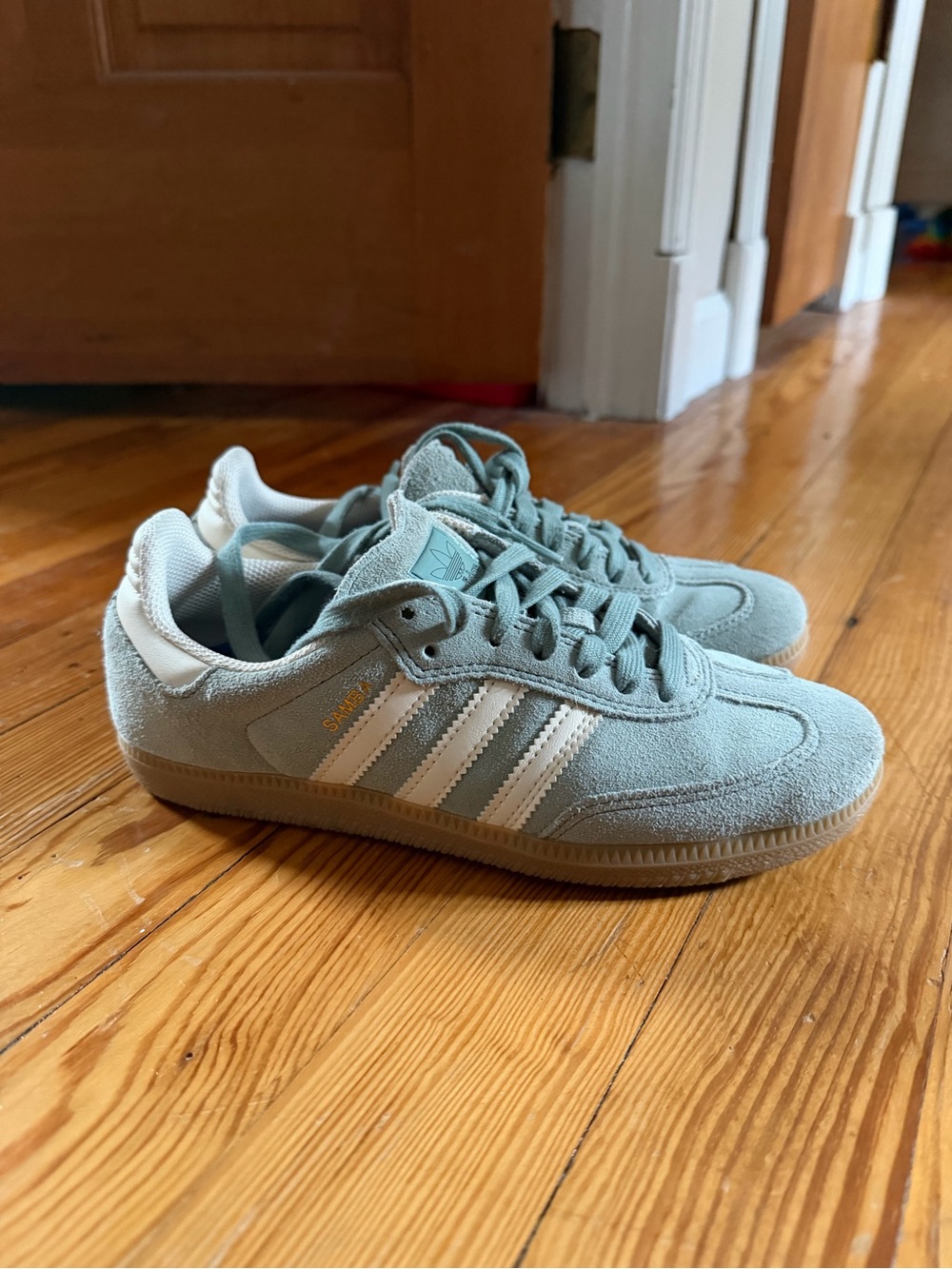 adidas Kids Samba Suede Sneakers in Seafoam Green and White